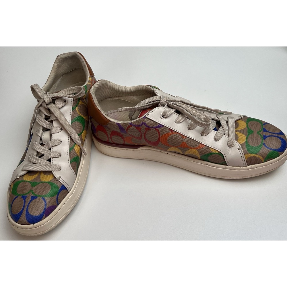 Coach Lowline Sneaker Woman Size 9B G5169 Tan Rainbow Signature Canvas
